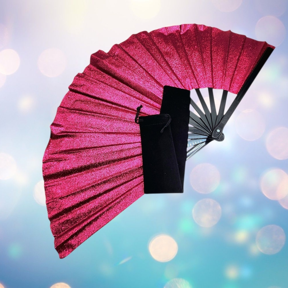 13 Inch Dance Clacking Hand Fabric Fan Sparkly PINK w Black Velvet Caring Case